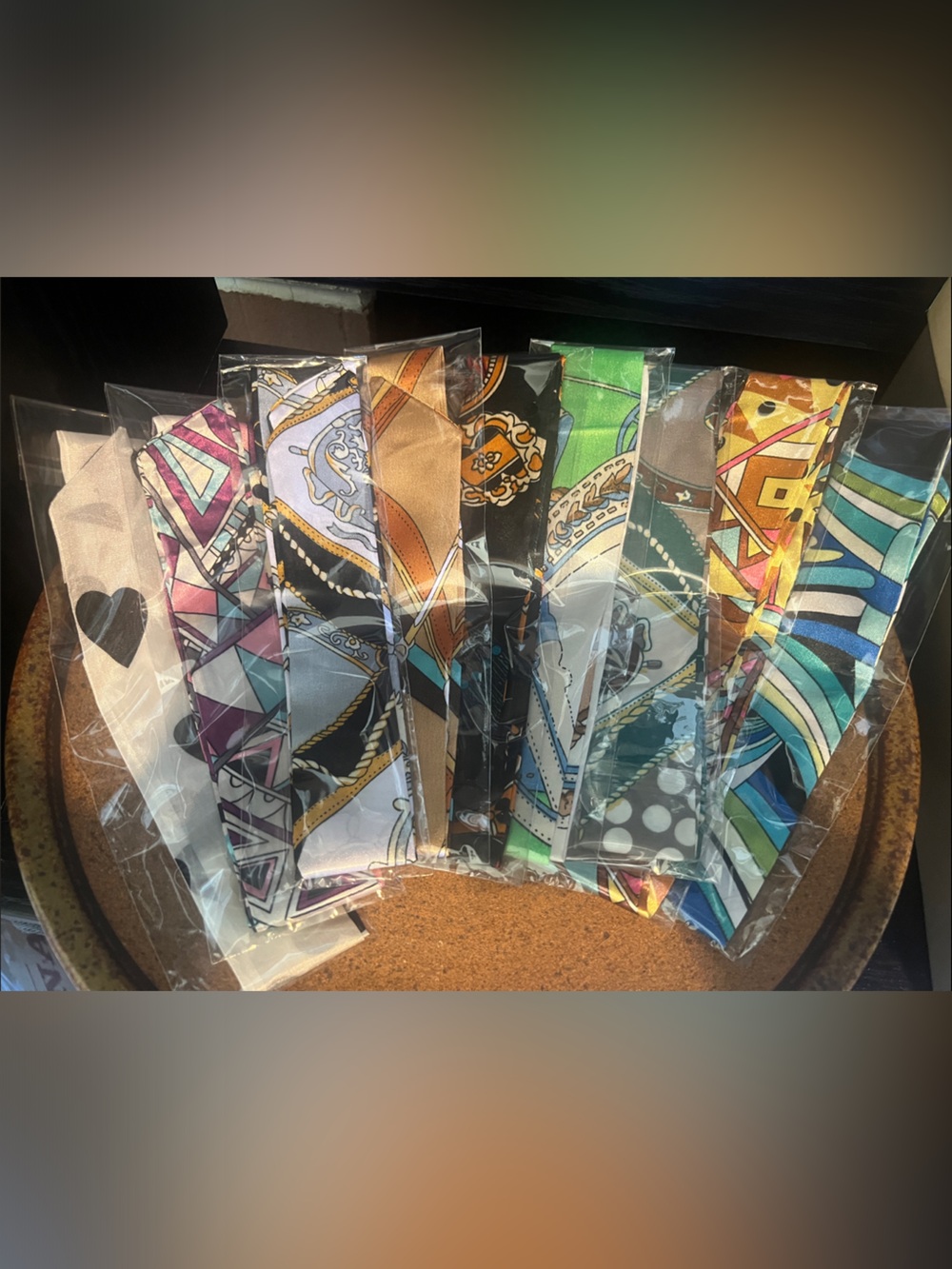 Colorful Printed Silk Skinny Scarves - 9 Pack